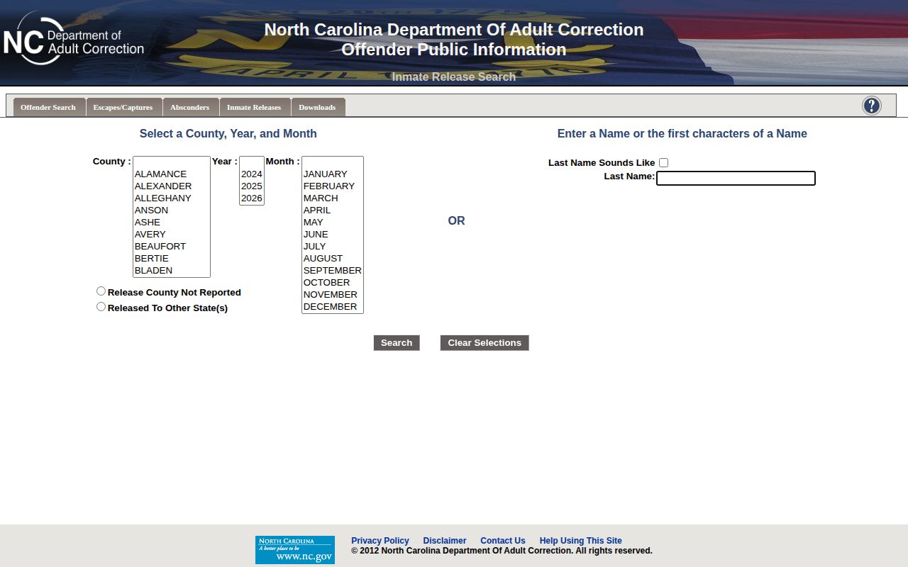 NCDAC Ashe County released inmate search selector